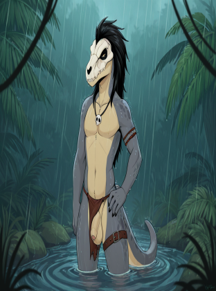 Raptor Dinosaur in Rainy Jungle
