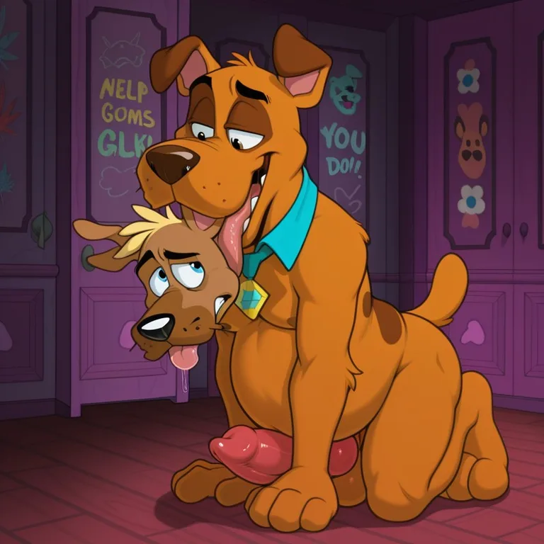 A Courageous Dog and Scooby Doo in a Rainbow Meadow