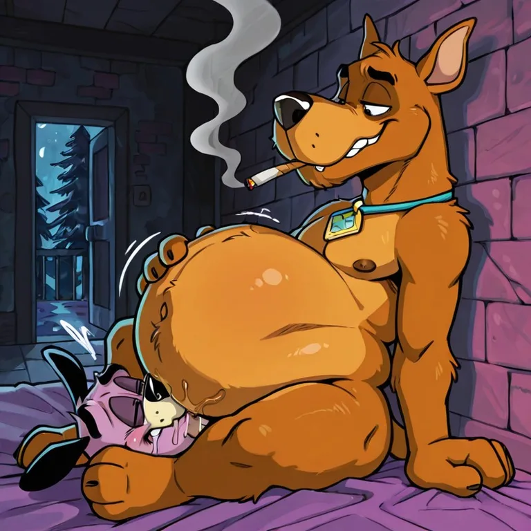 Scooby and Courage in a Cozy Evening Scene
