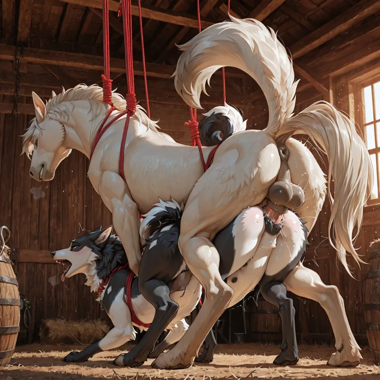 White Shepherd Dog and Horse in Forest Scene