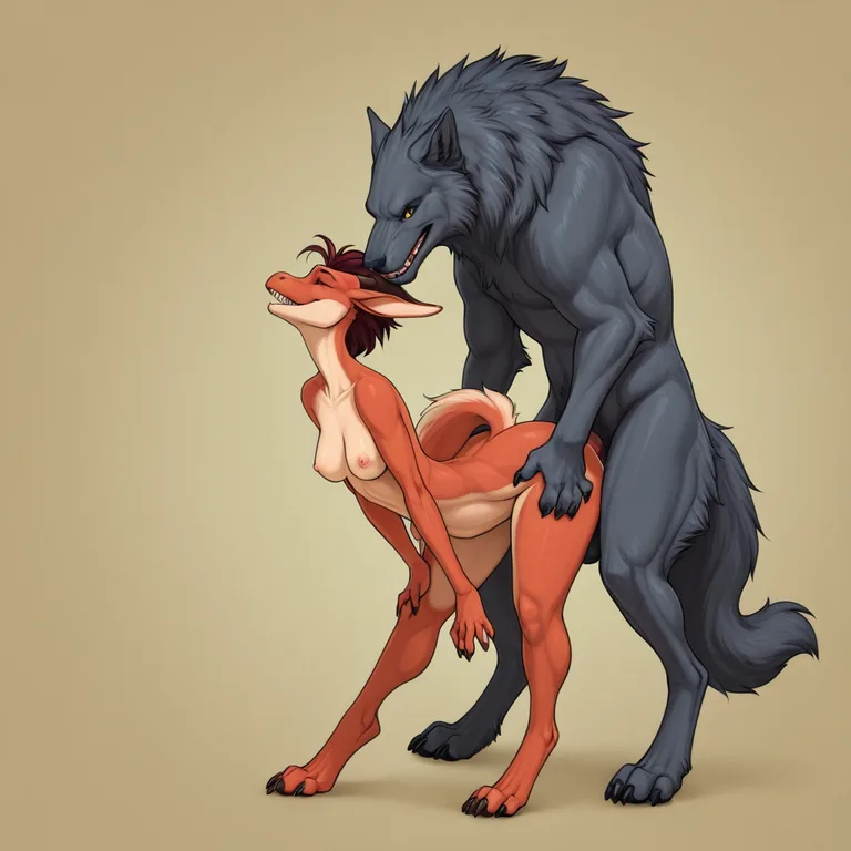 Feral Wolf Mounting Anthro Dragon in Forest