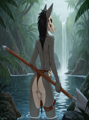 Prehistoric Raptor in Rainy Jungle Ruins