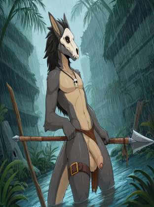 Male Raptor Warrior in the Rainy Jungle