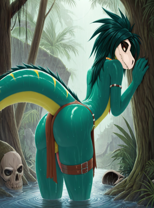 Prehistoric Raptor Warrior in Rainy Jungle