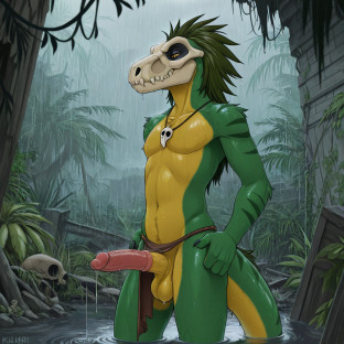 Raptor Dinosaur with Green Hair and Skull Mask