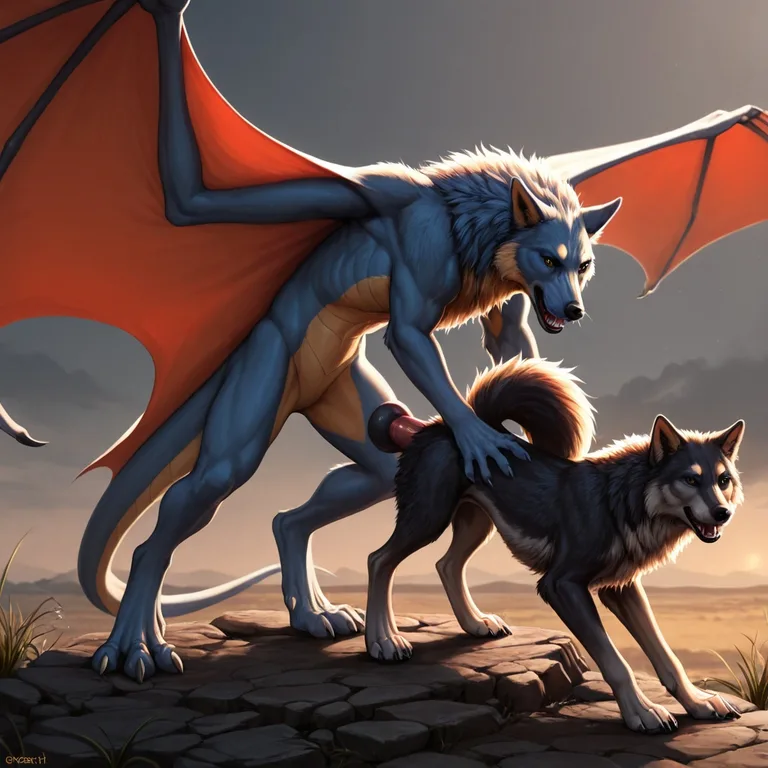 Furred Dragon and Wolf in Feral Embrace