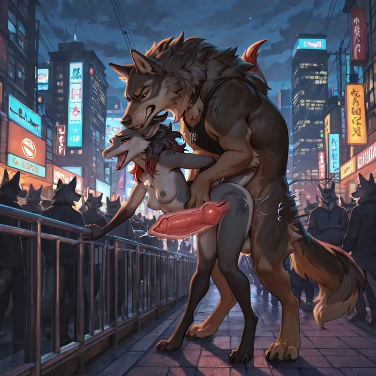 Moonlit Wolf and Dragon in a Bustling City Square