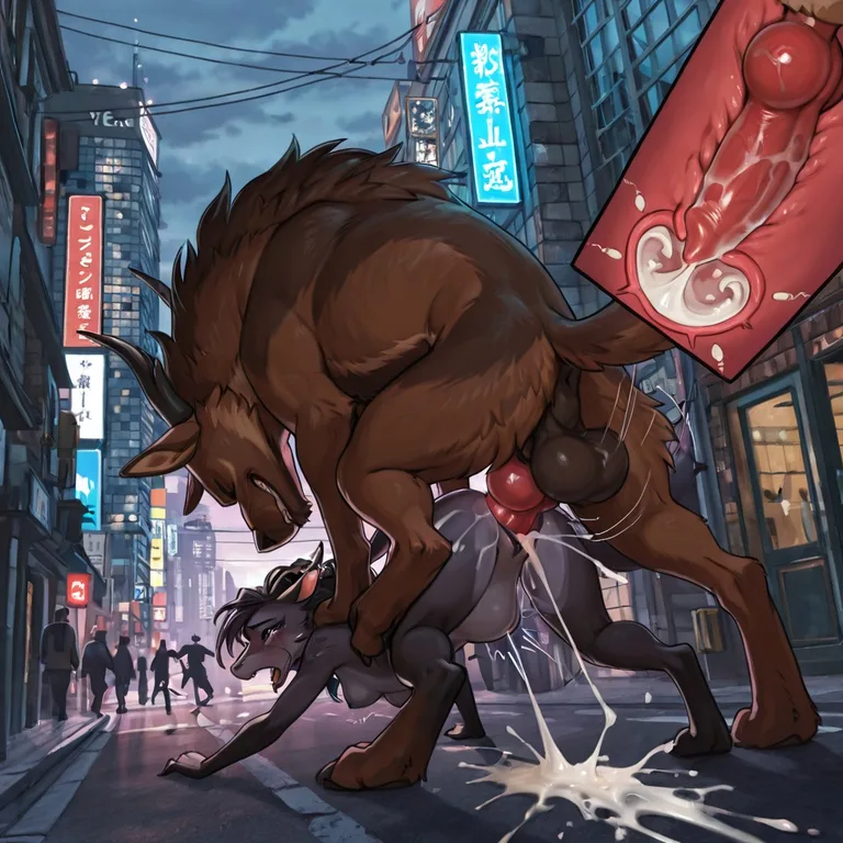 A Feral Wolf Mounting a Black Dragon on a City Street
