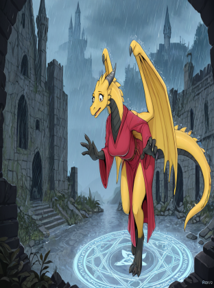 Mysterious Dragon in Rainy Castle Ruins