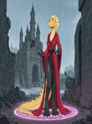 Mysterious Dragon Sorceress in Rainy Ruins