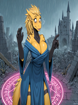 Mysterious Dragon Sorceress in Rainy Ruins