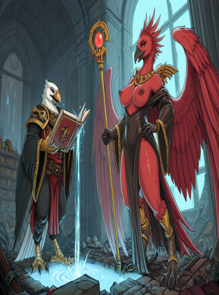 Enchanting Avian Sorceress in Ruined Library