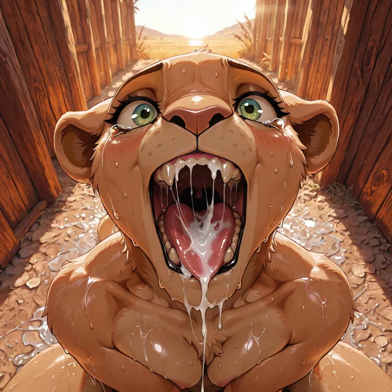 Lioness Nala Crying With A Wet Maw In Top View