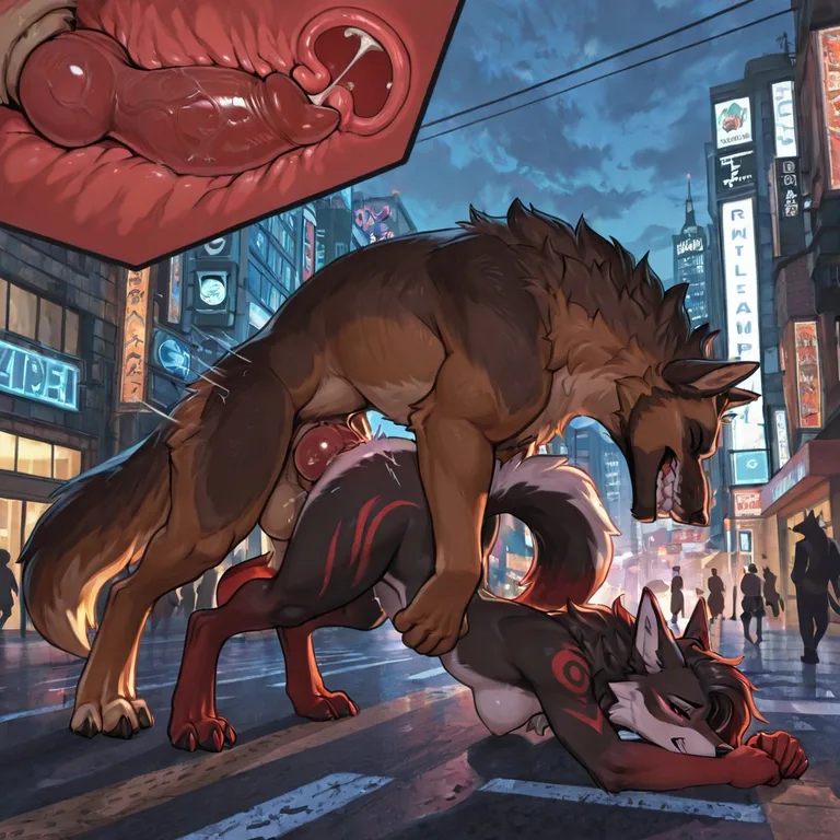 Feral Wolf Mounting Anthro Dragon In City Street