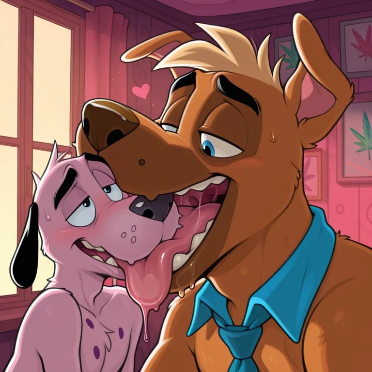Two Anthro Dogs Sharing a Tender Embrace in a Rainbow Meadow