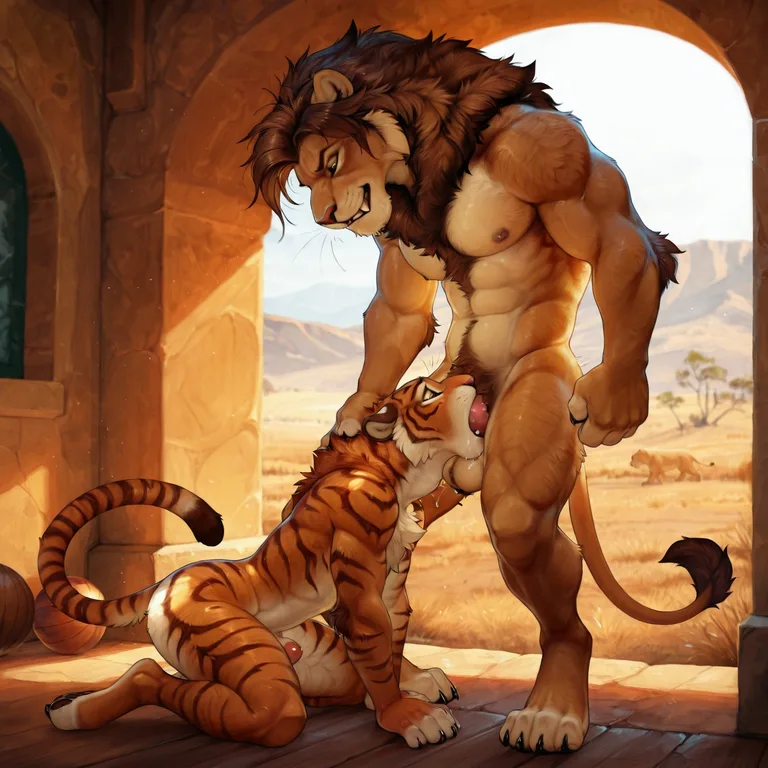 Two Lions in the Savanna at Dusk