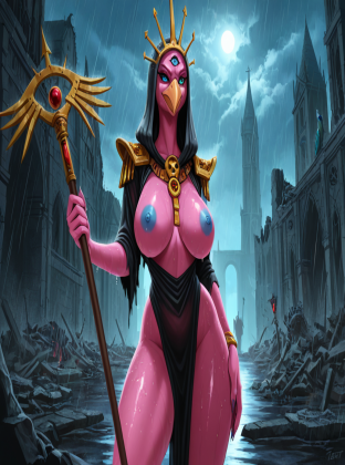 Tzeentch's Avian Daemoness in Ruined Cathedral