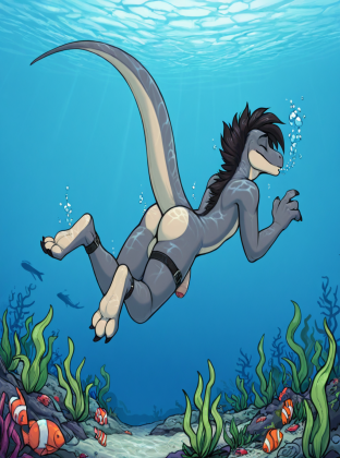 Raptor Dinosaur Swimming Underwater