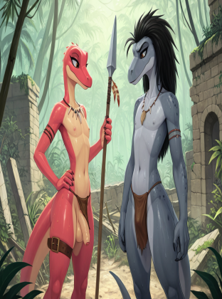 Dino Warrior in Rainy Jungle Ruins
