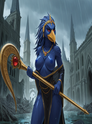 Daemonic Avian Sorceress in Ruined Cathedral