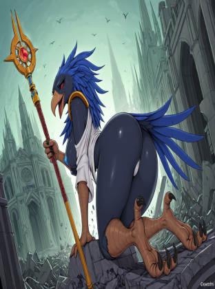 Deceitful Tzeentch Sorceress Amidst Ruined Cathedral