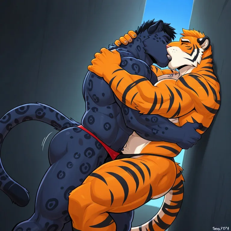 Muscular Orange Tiger and Black Jaguar in Rio Alley