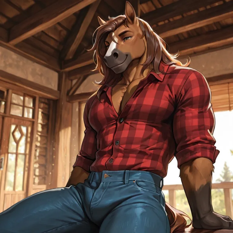 Brown Horse In Blue Jeans And Flannel