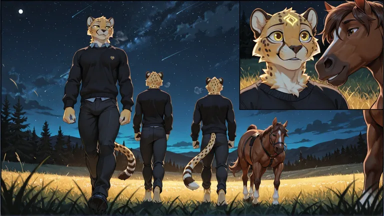Cheetah and Horse Strolling Through Moonlit Meadow