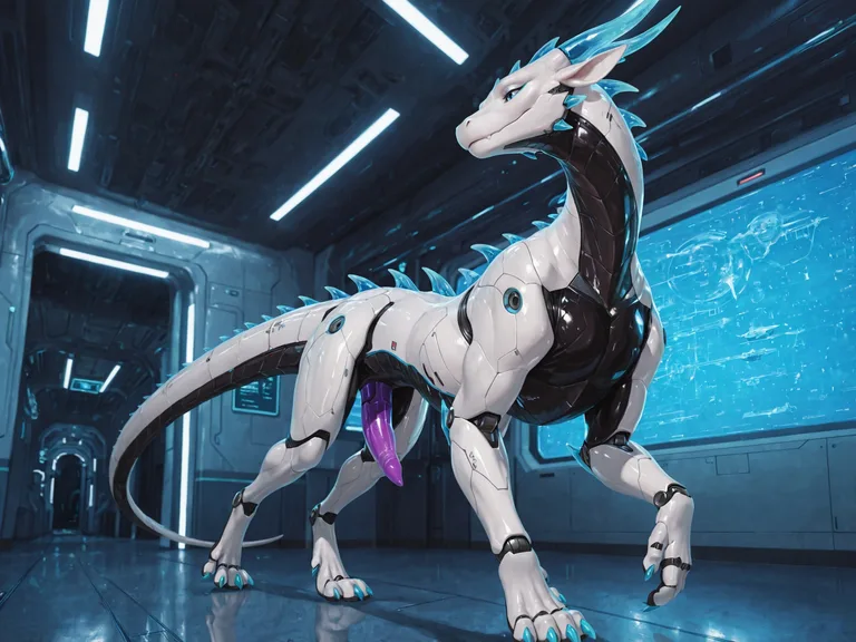 Cybernetic Dragon in Futuristic Corridor