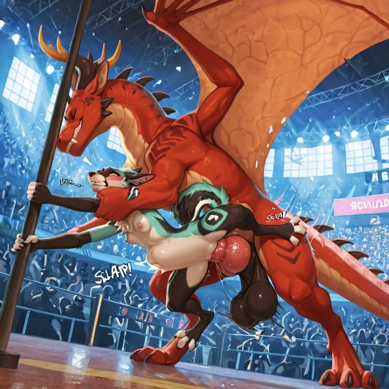 Feral Wolf Dominates Anthro Dragon