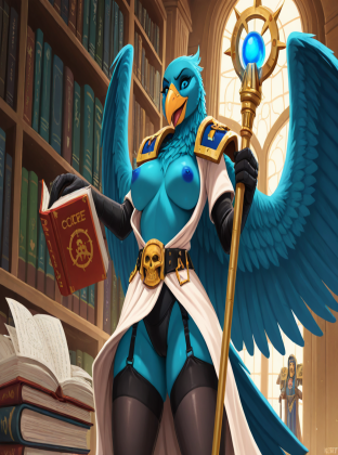 Mysterious Avian Sorceress in Ancient Library