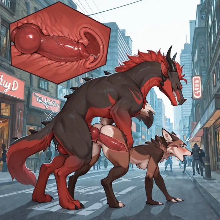 Feral Wolf Mounting Anthro Dragon on a Busy Street