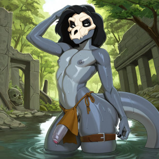 Raptor Dinosaur in Flooded Ruins