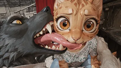 Feline and Werewolf Duo Sharing a Lick