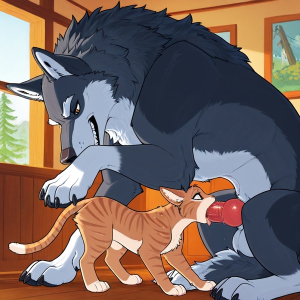 Feral Wolf Dominates House Cat