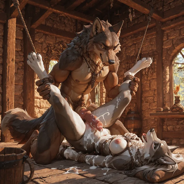 The male wolf was tied up and the female wolf collected his 