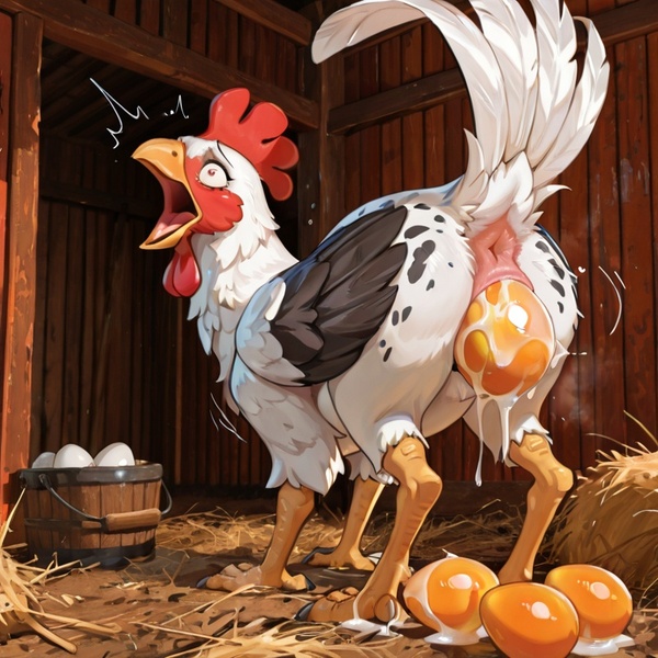 White Chicken Laying Egg in Barn