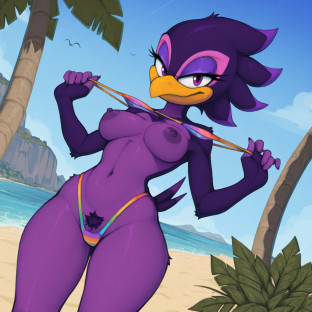 Anthropomorphic Swallow on Beach in Rainbow Bikini