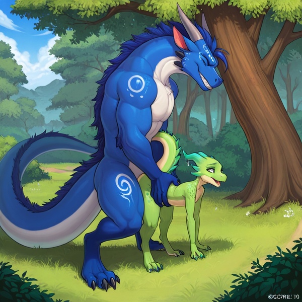 Blue Dragon and Green Kobold Intimate Embrace, Forest Clearing