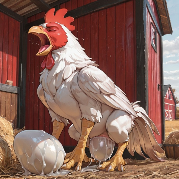 White Chicken Straining to Lay Egg in Barn