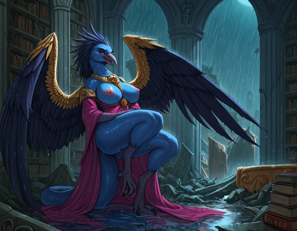 Mystical Avian Sorceress in Ruined Library
