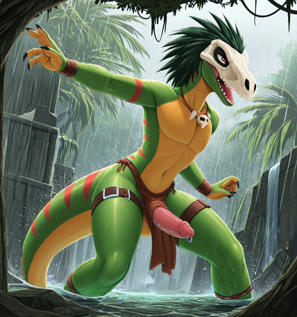 Raptor Warrior in Rainy Jungle Ruins Raining Attack