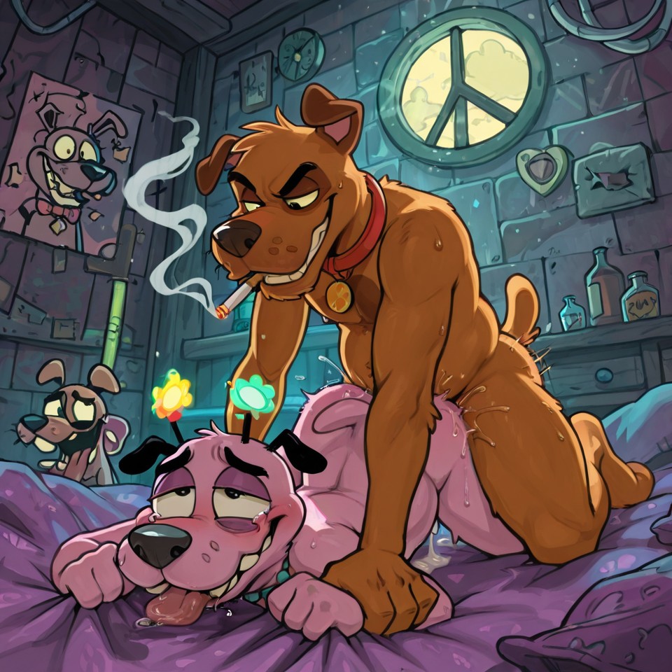 Anthro Scooby Doo and Courage in Passionate Embrace
