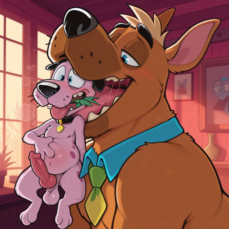 Two Anthro Dogs Sharing a Romantic Embrace in a Rainbow Setting