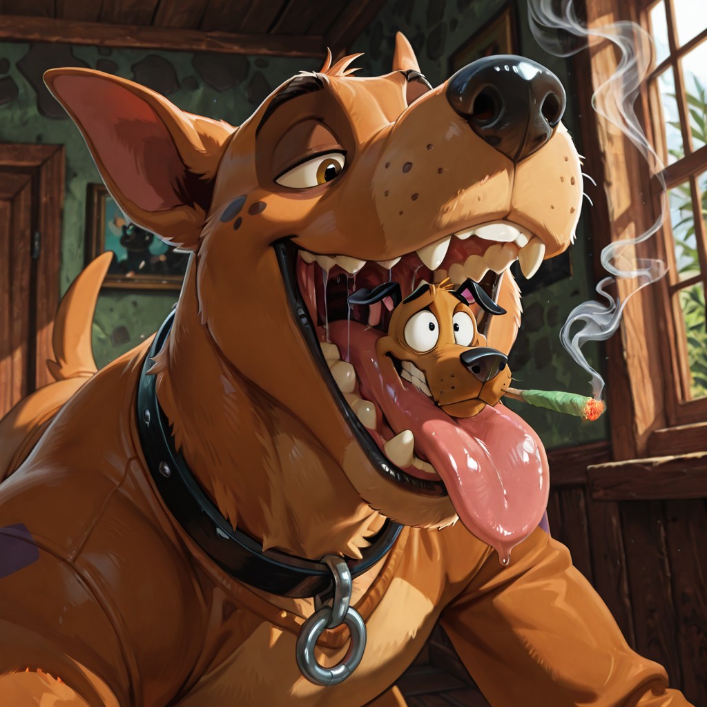 Scooby and Courage in a Hazy Living Room Duo