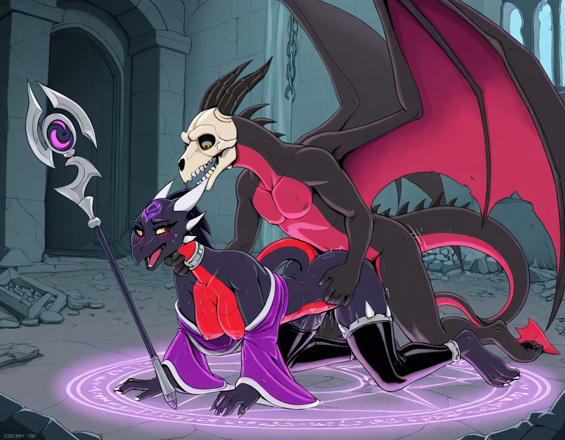 Mystical Dragon Couple in Ruined Castle