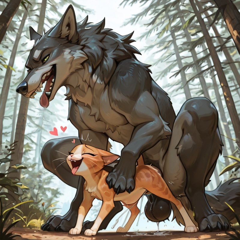 Wolf and Cat Intimate Moment