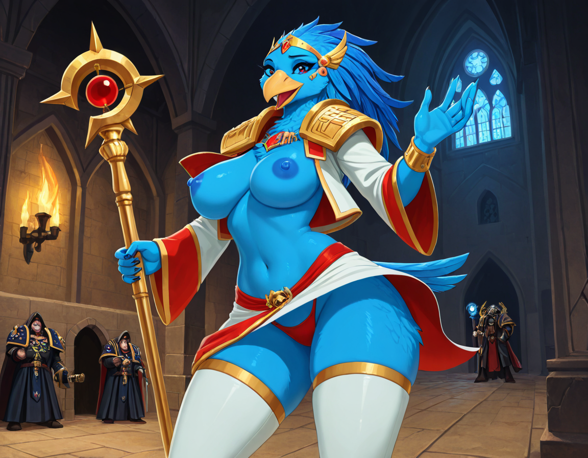 Celestial Avian Sorceress in Ancient Cathedral
