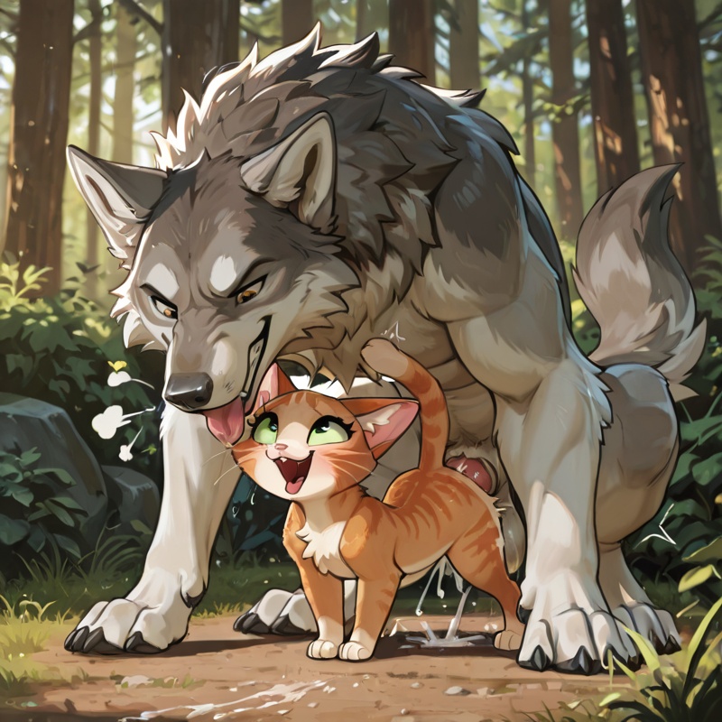 Intimate Wolf and Cat Embrace
