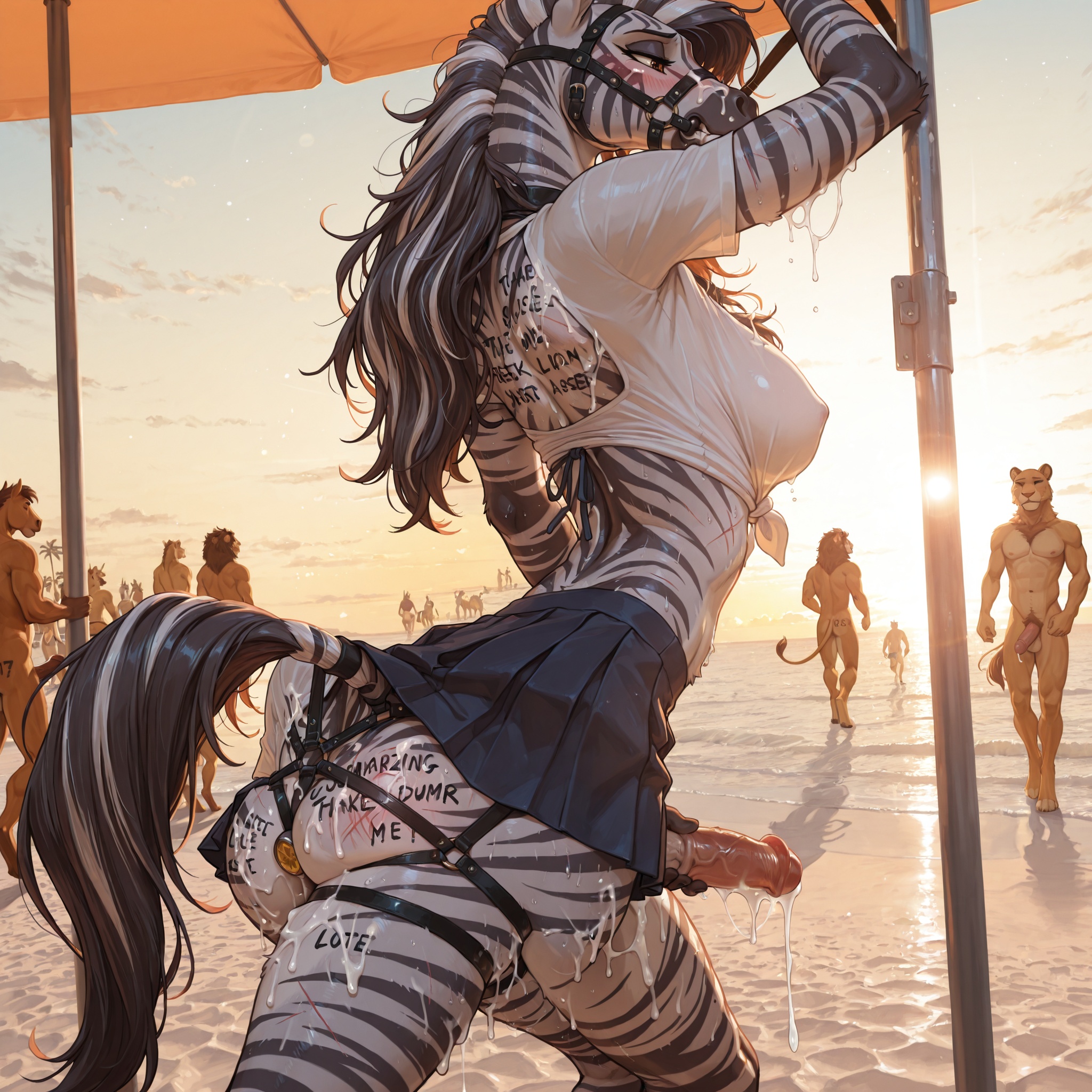 Zebra Woman on Beach with Lion